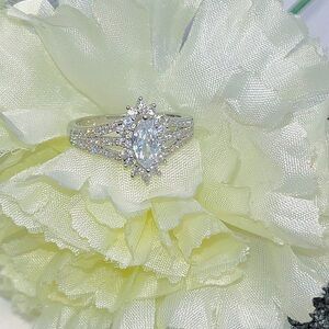 NEW Real White Gold Plated Marquise Cut Moissanite Halo Cluster Engagement Ring